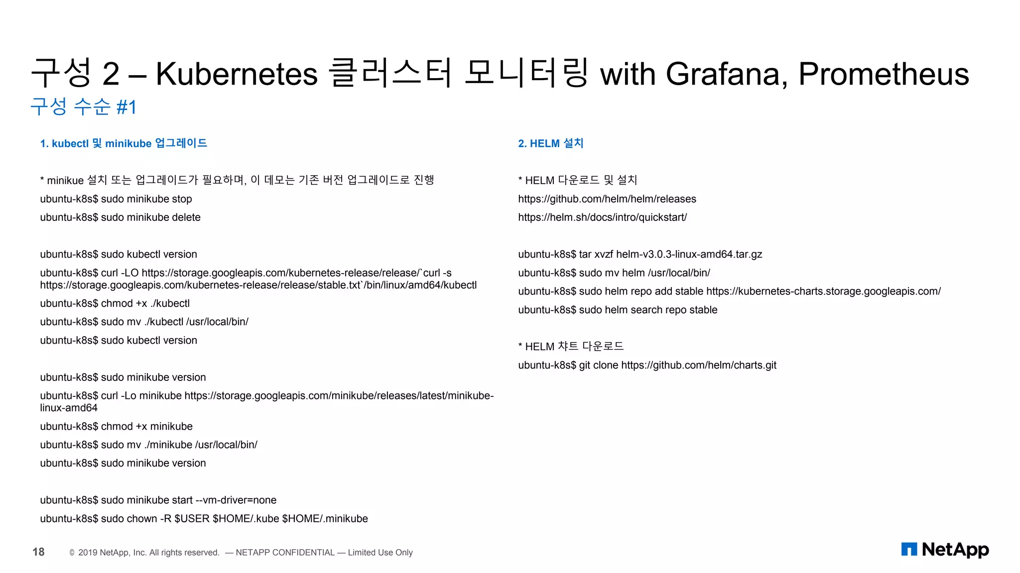 구성 2 – Kubernetes 클러스터 모니터링 with Grafana, Prometheus
구성 수순 #1
18 © 2019 NetApp, Inc. All rights reserved. — NETAPP CONFIDENTIAL — Limited Use Only
1. kubectl 및 minikube 업그레이드
* minikue 설치 또는 업그레이드가 필요하며, 이 데모는 기존 버전 업그레이드로 진행
ubuntu-k8s$ sudo minikube stop
ubuntu-k8s$ sudo minikube delete
ubuntu-k8s$ sudo kubectl version
ubuntu-k8s$ curl -LO https://storage.googleapis.com/kubernetes-release/release/`curl -s
https://storage.googleapis.com/kubernetes-release/release/stable.txt`/bin/linux/amd64/kubectl
ubuntu-k8s$ chmod +x ./kubectl
ubuntu-k8s$ sudo mv ./kubectl /usr/local/bin/
ubuntu-k8s$ sudo kubectl version
ubuntu-k8s$ sudo minikube version
ubuntu-k8s$ curl -Lo minikube https://storage.googleapis.com/minikube/releases/latest/minikube-
linux-amd64
ubuntu-k8s$ chmod +x minikube
ubuntu-k8s$ sudo mv ./minikube /usr/local/bin/
ubuntu-k8s$ sudo minikube version
ubuntu-k8s$ sudo minikube start --vm-driver=none
ubuntu-k8s$ sudo chown -R $USER $HOME/.kube $HOME/.minikube
2. HELM 설치
* HELM 다운로드 및 설치
https://github.com/helm/helm/releases
https://helm.sh/docs/intro/quickstart/
ubuntu-k8s$ tar xvzf helm-v3.0.3-linux-amd64.tar.gz
ubuntu-k8s$ sudo mv helm /usr/local/bin/
ubuntu-k8s$ sudo helm repo add stable https://kubernetes-charts.storage.googleapis.com/
ubuntu-k8s$ sudo helm search repo stable
* HELM 챠트 다운로드
ubuntu-k8s$ git clone https://github.com/helm/charts.git
 