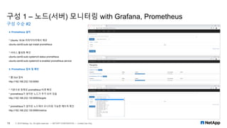구성 1 – 노드(서버) 모니터링 with Grafana, Prometheus
구성 수순 #2
13 © 2019 NetApp, Inc. All rights reserved. — NETAPP CONFIDENTIAL — Limited Use Only
4. Prometheus 설치
* Ubuntu 18.04 리파지터리에서 제공
ubuntu-osm$ sudo apt install prometheus
* 서비스 활성화 확인
ubuntu-osm$ sudo systemctl status prometheus
ubuntu-osm$ sudo systemctl is-enabled prometheus.service
5. Prometheus 접속 및 확인
* 웹 GUI 접속
http://192.168.232.130:9090/
* 기본으로 등록된 prometheus 타겟 확인
* prometheus가 설치된 노드가 추가 되어 있음
http://192.168.232.130:9090/targets
* prometheus가 설치된 노드에서 모니터링 가능한 메트릭 확인
http://192.168.232.130:9090/metrics
 