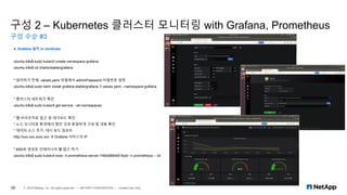 구성 2 – Kubernetes 클러스터 모니터링 with Grafana, Prometheus
구성 수순 #3
20 © 2019 NetApp, Inc. All rights reserved. — NETAPP CONFIDENTIAL — Limited Use Only
4. Grafana 설치 in minikube
ubuntu-k8s$ sudo kubectl create namespace grafana
ubuntu-k8s$ cd charts/stable/grafana
* 설치하기 전에, values.yaml 파일에서 adminPassword 비밀번호 설정
ubuntu-k8s$ sudo helm install grafana stable/grafana -f values.yaml --namespace grafana
* 클러스터 네트워크 확인
ubuntu-k8s$ sudo kubectl get service --all-namespaces
* 웹 브라우저로 접근 및 대시보드 확인
* 노드 모니터링 환경에서 했던 것과 동일하게 구성 및 내용 확인
* 데이터 소스 추가, 대시 보드 임포트
http://xxx.xxx.xxxx.xxx → Grafana 서비스의 IP
* K8S로 생성된 컨테이너의 쉘 접근 하기
ubuntu-k8s$ sudo kubectl exec -it prometheus-server-746dd86648-9xj4r -n prometheus -- sh
 