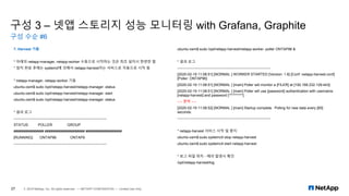 구성 3 – 넷앱 스토리지 성능 모니터링 with Grafana, Graphite
구성 수순 #6
27 © 2019 NetApp, Inc. All rights reserved. — NETAPP CONFIDENTIAL — Limited Use Only
7. Harvest 기동
* 아래의 netapp-manager, netapp-worker 수동으로 시작하는 것은 최초 설치시 한번만 함
* 설치 완료 후에는 systemd에 의해서 netapp-harvest라는 서비스로 자동으로 시작 됨
* netapp-manager, netapp-worker 기동
ubuntu-osm$ sudo /opt/netapp-harvest/netapp-manager -status
ubuntu-osm$ sudo /opt/netapp-harvest/netapp-manager -start
ubuntu-osm$ sudo /opt/netapp-harvest/netapp-manager -status
* 결과 로그
----------------------------------------------------------------------------
STATUS POLLER GROUP
############### #################### ##################
[RUNNING] ONTAP96 ONTAP9
----------------------------------------------------------------------------
ubuntu-osm$ sudo /opt/netapp-harvest/netapp-worker -poller ONTAP96 &
* 결과 로그
----------------------------------------------------------------------------
[2020-02-19 11:08:51] [NORMAL ] WORKER STARTED [Version: 1.6] [Conf: netapp-harvest.conf]
[Poller: ONTAP96]
[2020-02-19 11:08:51] [NORMAL ] [main] Poller will monitor a [FILER] at [192.168.232.129:443]
[2020-02-19 11:08:51] [NORMAL ] [main] Poller will use [password] authentication with username
[netapp-harvest] and password [**********]
---- 중략 ----
[2020-02-19 11:08:52] [NORMAL ] [main] Startup complete. Polling for new data every [60]
seconds.
----------------------------------------------------------------------------
* netapp-harvest 서비스 시작 및 중지
ubuntu-osm$ sudo systemctl stop netapp-harvest
ubuntu-osm$ sudo systemctl start netapp-harvest
* 로그 파일 위치 - 에러 발생시 확인
/opt/netapp-harvest/log
 