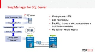 SnapManager for SQL Server
 Интеграция с SQL
 Все протоколы
 BackUp, клоны и восстановление в
считанные минуты
 Не займет много места
NetApp SnapDrive®
NetApp® Unified
Storage Architecture
(SAN NAS)
iSCSI, FC, FCoE, and SMB
Virtualization (Hyper-V ® , ESX®)
NetApp® SnapManager® (GUI)
NetApp SnapMirror
®
 