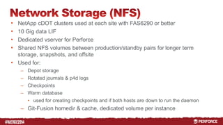 # 
• NetApp cDOT clusters used at each site with FAS6290 or better 
• 10 Gig data LIF 
• Dedicated vserver for Perforce 
• Shared NFS volumes between production/standby pairs for longer term 
storage, snapshots, and offsite 
• Used for: 
– Depot storage 
– Rotated journals & p4d logs 
– Checkpoints 
– Warm database 
• used for creating checkpoints and if both hosts are down to run the daemon 
– Git-Fusion homedir & cache, dedicated volume per instance 
 