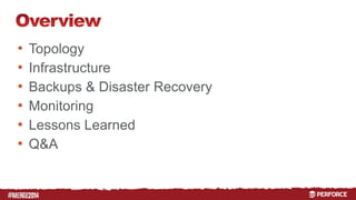 # 
• Topology 
• Infrastructure 
• Backups & Disaster Recovery 
• Monitoring 
• Lessons Learned 
• Q&A 
 