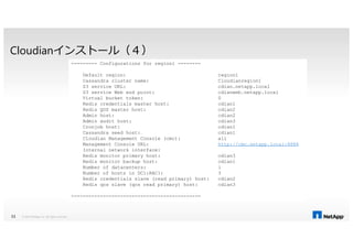 Cloudianインストール（４）
--------- Configurations for region1 --------
Default region: region1
Cassandra cluster name: Cloudianregion1
S3 service URL: cdian.netapp.local
S3 service Web end point: cdianweb.netapp.local
Virtual bucket token: 0
Redis credentials master host: cdian1
Redis QOS master host: cdian2
Admin host: cdian2
Admin audit host: cdian3
Cronjob host: cdian1
© 2014 NetApp, Inc. All rights reserved.11
Cronjob host: cdian1
Cassandra seed host: cdian1
Cloudian Management Console (cmc): all
Management Console URL: http://cmc.netapp.local:8888
Internal network interface:
Redis monitor primary host: cdian3
Redis monitor backup host: cdian1
Number of datacenters: 1
Number of hosts in DC1:RAC1: 3
Redis credentials slave (read primary) host: cdian2
Redis qos slave (qos read primary) host: cdian3
---------------------------------------------
 