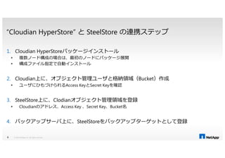 “Cloudian HyperStore” と SteelStore の連携ステップ
1. Cloudian HyperStoreパッケージインストール
複数ノード構成の場合は、最初のノードにパッケージ展開
構成ファイル指定で自動インストール
2. Cloudian上に、オブジェクト管理ユーザと格納領域（Bucket）作成2. Cloudian上に、オブジェクト管理ユーザと格納領域（Bucket）作成
ユーザにひもづけられるAccess KeyとSecret Keyを確認
3. SteelStore上に、Clodianオブジェクト管理領域を登録
Cloudianのアドレス、Access Key 、Secret Key、Bucket名
4. バックアップサーバ上に、SteelStoreをバックアップターゲットとして登録
© 2014 NetApp, Inc. All rights reserved.6
 