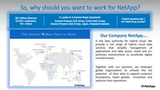 So, why should you want to work for NetApp?
Our Company NetApp….
Is the data authority for hybrid cloud. We
provide a full range of hybrid cloud data
services that simplify management of
applications and data across cloud and on-
premises environments to accelerate digital
transformation.
Together with our partners, we empower
global organizations to unleash the full
potential of their data to expand customer
touchpoints, foster greater innovation and
optimize their operations.
 