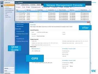 Netapp Management Console

Vfiler

Qtree
Quota
CIFS

COMMERCIAL IN CONFIDENCE

 