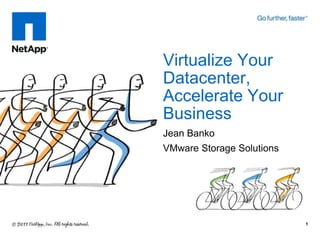 Virtualize Your
Datacenter,
Accelerate Your
Business
Jean Banko
VMware Storage Solutions

1

 