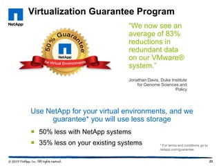 Virtualization Guarantee Program

50

―During the see an
―We now research
phase of your83%
average of next
storage purchasing
reductions in
cycle, ask each
redundant data
vendor ifVMware®
on our it offers a
capacity savings or
system.‖
utilization guarantee.‖
Jonathan Davis, Duke Institute
Gartner Inc. Nov 2008 April Adams
for Genome Sciences and
Capacity Savings and Storage
Policy
Utilization Guarantees: What's
Included, and Are They Worth
Considering?

Use NetApp for your virtual environments, and we
guarantee* you will use less storage
 50% less with NetApp systems
 35% less on your existing systems

* For terms and conditions go to
netapp.com/guarantee

23

 