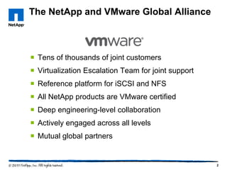 The NetApp and VMware Global Alliance

 Tens of thousands of joint customers
 Virtualization Escalation Team for joint support
 Reference platform for iSCSI and NFS
 All NetApp products are VMware certified
 Deep engineering-level collaboration
 Actively engaged across all levels
 Mutual global partners

2

 
