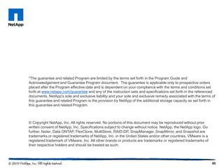 *The guarantee and related Program are limited by the terms set forth in the Program Guide and
Acknowledgement and Guarantee Program document. The guarantee is applicable only to prospective orders
placed after the Program effective date and is dependent on your compliance with the terms and conditions set
forth at www.netapp.com/guarantee and any of the instruction sets and specifications set forth in the referenced
documents. NetApp's sole and exclusive liability and your sole and exclusive remedy associated with the terms of
this guarantee and related Program is the provision by NetApp of the additional storage capacity as set forth in
this guarantee and related Program.

© Copyright NetApp, Inc. All rights reserved. No portions of this document may be reproduced without prior
written consent of NetApp, Inc. Specifications subject to change without notice. NetApp, the NetApp logo, Go
further, faster, Data ONTAP, FlexClone, MultiStore, RAID-DP, SnapManager, SnapMirror, and Snapshot are
trademarks or registered trademarks of NetApp, Inc. in the United States and/or other countries. VMware is a
registered trademark of VMware, Inc. All other brands or products are trademarks or registered trademarks of
their respective holders and should be treated as such.

60

 