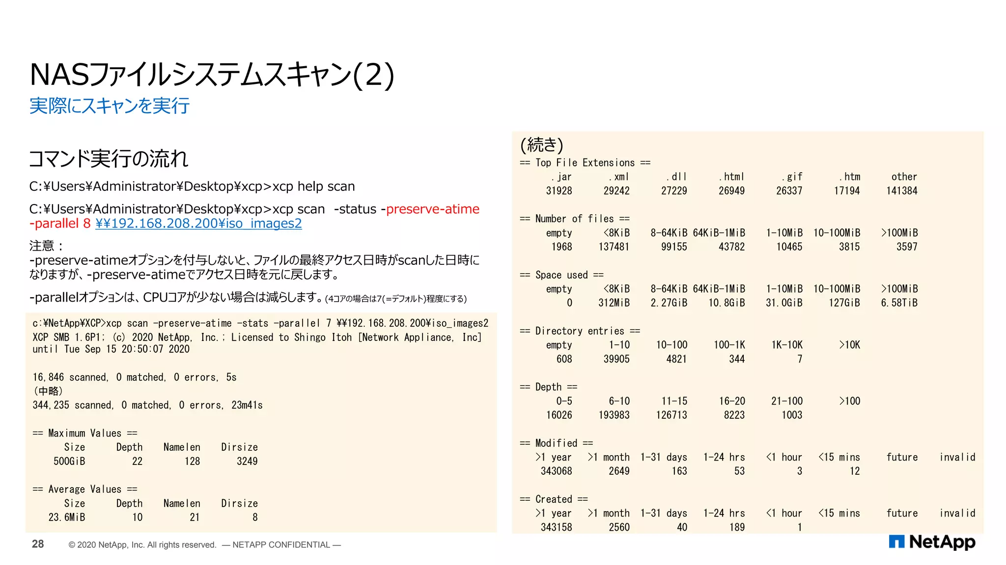 コマンド実行の流れ
C:UsersAdministratorDesktopxcp>xcp help scan
C:UsersAdministratorDesktopxcp>xcp scan -status -preserve-atime
-parallel 8 192.168.208.200iso_images2
注意：
-preserve-atimeオプションを付与しないと、ファイルの最終アクセス日時がscanした日時に
なりますが、-preserve-atimeでアクセス日時を元に戻します。
-parallelオプションは、CPUコアが少ない場合は減らします。(4コアの場合は7(=デフォルト)程度にする)
NASファイルシステムスキャン(2)
(続き)
== Top File Extensions ==
.jar .xml .dll .html .gif .htm other
31928 29242 27229 26949 26337 17194 141384
== Number of files ==
empty <8KiB 8-64KiB 64KiB-1MiB 1-10MiB 10-100MiB >100MiB
1968 137481 99155 43782 10465 3815 3597
== Space used ==
empty <8KiB 8-64KiB 64KiB-1MiB 1-10MiB 10-100MiB >100MiB
0 312MiB 2.27GiB 10.8GiB 31.0GiB 127GiB 6.58TiB
== Directory entries ==
empty 1-10 10-100 100-1K 1K-10K >10K
608 39905 4821 344 7
== Depth ==
0-5 6-10 11-15 16-20 21-100 >100
16026 193983 126713 8223 1003
== Modified ==
>1 year >1 month 1-31 days 1-24 hrs <1 hour <15 mins future invalid
343068 2649 163 53 3 12
== Created ==
>1 year >1 month 1-31 days 1-24 hrs <1 hour <15 mins future invalid
343158 2560 40 189 1
実際にスキャンを実行
28 © 2020 NetApp, Inc. All rights reserved. — NETAPP CONFIDENTIAL —
c:NetAppXCP>xcp scan -preserve-atime -stats -parallel 7 192.168.208.200iso_images2
XCP SMB 1.6P1; (c) 2020 NetApp, Inc.; Licensed to Shingo Itoh [Network Appliance, Inc]
until Tue Sep 15 20:50:07 2020
16,846 scanned, 0 matched, 0 errors, 5s
(中略)
344,235 scanned, 0 matched, 0 errors, 23m41s
== Maximum Values ==
Size Depth Namelen Dirsize
500GiB 22 128 3249
== Average Values ==
Size Depth Namelen Dirsize
23.6MiB 10 21 8
 