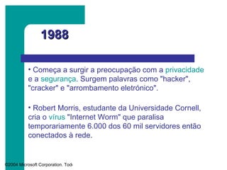1988 Começa a surgir a preocupação com a  privacidade  e a  segurança . Surgem palavras como "hacker", "cracker" e "arrombamento eletrónico".  Robert Morris, estudante da Universidade Cornell, cria o  vírus  "Internet Worm" que paralisa temporariamente 6.000 dos 60 mil servidores então conectados à rede.  