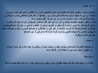 ‫جوش‬ ‫آجر‬ ‫ـ‬:
‫آجرپزي‬ ‫‌هاي‬
‫ه‬‫كور‬ ‫دماي‬ ‫پر‬ ‫نقاط‬ ‫در‬ ‫آجري‬ ‫خشتهاي‬ ‫شدن‬ ‫ذوب‬ ‫حاصل‬ ‫كه‬ ‫شكل‬ ‫اسفنجي‬ ‫جوش‬ ‫آجرهاي‬
‫آجركاري‬ ‫با‬ ‫توام‬ ‫مشخصي‬ ‫كادرهاي‬ ‫در‬ ‫‌بامها‬
‫خ‬‫ر‬ ‫زير‬ ‫و‬ ‫بام‬ ‫‌اندازهاي‬
‫ت‬‫دس‬ ‫تزئين‬ ‫جهت‬ ‫بنا‬ ‫اين‬ ‫در‬ ،‫هستند‬
‫است‬ ‫نيمكوب‬ ‫گچ‬ ،‫آجرها‬ ‫اين‬ ‫براي‬ ‫شده‬ ‫مصرف‬ ‫مالت‬ .‫‌اند‬
‌
‫ه‬‫گرديد‬ ‫مصرف‬
‫و‬ ‫فرسايش‬ ‫دچار‬ ‫بنا‬ ‫اين‬ ‫آجرجوش‬ ‫نماهاي‬ ‫اكثر‬ ‫حال‬ ‫اين‬ ‫با‬ .‫دارد‬ ‫بيشتري‬ ‫مقاومت‬ ‫رطوبت‬ ‫مقابل‬ ‫در‬ ‫كه‬
‫جديدي‬ ‫مصالح‬ ،‫بنا‬ ‫اين‬ ‫در‬ ‫تزئيني‬ ‫عناصر‬ ‫از‬ ‫برخي‬ ‫تخريب‬ ‫و‬ ‫فرسايش‬ ‫با‬ ‫زمان‬ ‫مرور‬ ‫به‬ .‫‌اند‬
‫ه‬‫گرديد‬ ‫ريزش‬
‫نابجا‬ ‫تصرفات‬ ‫و‬ ‫دخل‬ ‫و‬ ‫قديمي‬ ‫مصالح‬ ‫با‬ ‫ناهمگون‬ ‫و‬ ‫فني‬ ‫غير‬ ‫و‬ ‫ناشيانه‬ ‫كاربرد‬ ‫كه‬ ‫‌اند‬
‌
‫ه‬‫گرديد‬ ‫آنها‬ ‫جايگزين‬
‫مصالح‬ ‫اين‬ ‫از‬ ‫برخي‬ ‫به‬ ‫كه‬ ‫است‬ ‫كرده‬ ‫وارد‬ ‫بنا‬ ‫قديمي‬ ‫تزئينات‬ ‫به‬ ‫شديدي‬ ‫آسيبهاي‬
‫‌گردد‬
‫ي‬‫م‬ ‫اشاره‬ ‫مصرفي‬
‫سيمان‬ ‫ـ‬:
‫سيمان‬ ‫ماسه‬ ‫نيز‬ ‫و‬ ‫‌ها‬
‫ه‬‫جدار‬ ‫از‬ ‫بخشي‬ ‫در‬ ‫سياه‬ ‫سيمان‬ ‫و‬ ‫سفيد‬ ‫سيمان‬ ‫اندودهاي‬ ‫بنا‬ ‫فعلي‬ ‫وضعيت‬ ‫در‬
‫است‬ ‫گرفته‬ ‫قرار‬ ‫استفاده‬ ‫مورد‬ ‫ديده‬ ‫آسيب‬ ‫كفهاي‬ ‫در‬.
‫موزاييك‬ ‫ـ‬:
‫‌اند‬
‌
‫ه‬‫كرد‬ ‫تبديل‬ ‫موزائيك‬ ‫به‬ ‫را‬ ‫خود‬ ‫‌هاي‬
‫ي‬‫ورود‬ ‫پيش‬ ‫آجري‬ ‫كفپوش‬ ،‫حياط‬ ‫اطراف‬ ‫‌هاي‬
‫ه‬‫حجر‬ ‫از‬ ‫تعدادي‬.
 