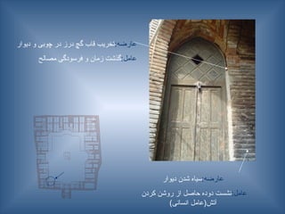 :‫عارضه‬
‫دیوار‬ ‫شدن‬ ‫سیاه‬
:‫عامل‬
‫کردن‬ ‫روشن‬ ‫از‬ ‫حاصل‬ ‫دوده‬ ‫نشست‬
)‫انسانی‬ ‫آتش(عامل‬
:‫عارضه‬
‫دیوار‬ ‫و‬ ‫چوبی‬ ‫در‬ ‫درز‬ ‫گچ‬ ‫قاب‬ ‫تخریب‬
:‫عامل‬
‫ـح‬‫ل‬‫مصا‬ ‫فرسودگی‬ ‫و‬ ‫زمان‬ ‫گذشت‬
 