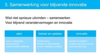 3. Samenwerking voor blijvende innovatie
Wiel niet opnieuw uitvinden – samenwerken
Voor blijvend verandervermogen en innovatie
basis configuratie
best practices
implementatie methode
verbetervoorstellen
Certigo executive council
roadmap planning
infrastructuur
beheer en optimalisatie
vendor managed updates
start innovatiebeheer en updates
 