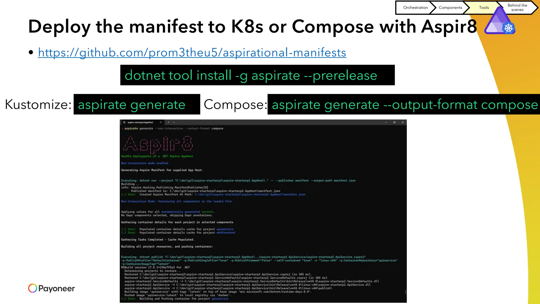 Orchestration Components Tools
Behind the
scenes
Deploy the manifest to K8s or Compose with Aspir8
• https://github.com/prom3theu5/aspirational-manifests
dotnet tool install -g aspirate --prerelease
aspirate generate aspirate generate --output-format compose
Kustomize: Compose:
 