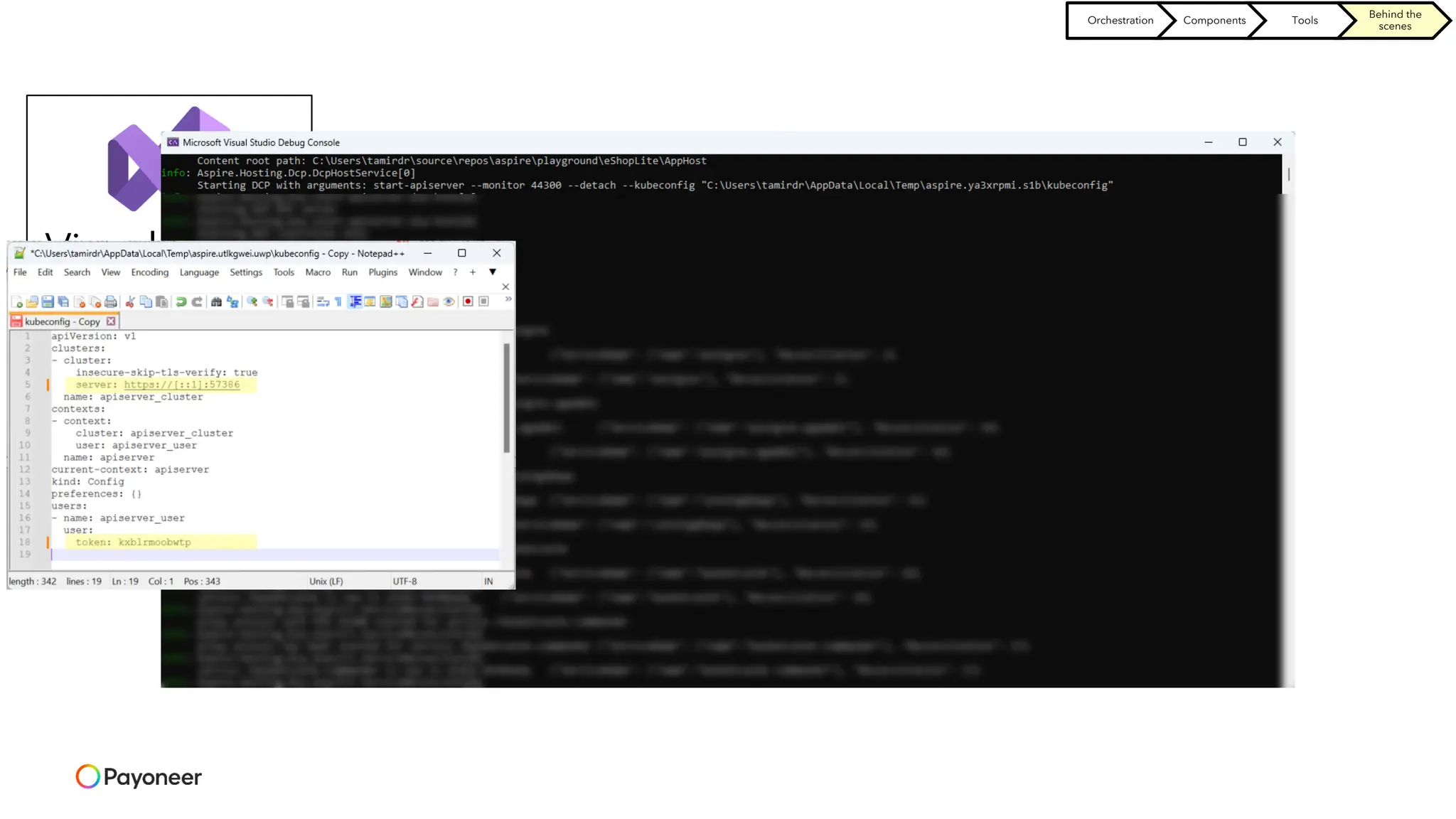 AspireHost
Visual Studio
DCP
(Developer
Control Plane)
Start process
with kubeconfig
location
Runs apiserver
Orchestration Components Tools
Behind the
scenes
 