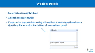www.altec-inc.com @DocLinkbyAltec
Webinar Details
• Presentation is roughly 1 hour
• All phone lines are muted
• If anyone has any questions during this webinar – please type them in your
Questions Box located at the bottom of your webinar panel
 
