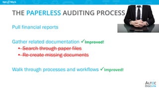 www.altec-inc.com @DocLinkbyAltec
THE PAPERLESS AUDITING PROCESS
Pull financial reports
Gather related documentation PImproved!
• Search through paper files
• Re-create missing documents
Walk through processes and workflows PImproved!
 