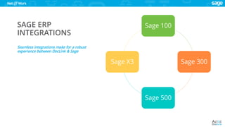 www.altec-inc.com @DocLinkbyAltec
SAGE ERP
INTEGRATIONS
Seamless integrations make for a robust
experience between DocLink & Sage
Sage 100
Sage 300
Sage 500
Sage X3
 