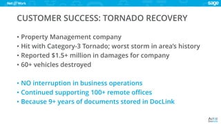 www.altec-inc.com @DocLinkbyAltec
• Property Management company
• Hit with Category-3 Tornado; worst storm in area’s history
• Reported $1.5+ million in damages for company
• 60+ vehicles destroyed
• NO interruption in business operations
• Continued supporting 100+ remote offices
• Because 9+ years of documents stored in DocLink
CUSTOMER SUCCESS: TORNADO RECOVERY
 
