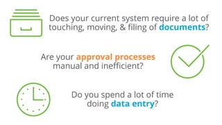 Does your current system require a lot of
touching, moving, & filing of documents?
Are your approval processes
manual and inefficient?
Do you spend a lot of time
doing data entry?
 