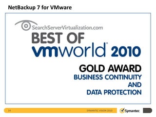 NetBackup 7 for VMware




14                       SYMANTEC VISION 2010
 