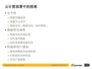 云计算部署中的困难
• 安全性
    – 数据传输加密
    – 数据中心安全
    – 数据访问 – 谁能访问，如何销毁….
• 数据所有属性
    – 数据实际存放位置
    – 如何拿回数据
    – 如何更换服务提供商
• 性能和用户感知
    – 搜索和数据存取的性能
    – 归档的时间和性能
    – 对客户端影响

IMG and the Cloud – Cloud 101   SYMANTEC VISION 2010   5
 