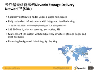云存储提供商示例Nirvanix Storage Delivery
NetworkTM (SDN)

 • 5 globally distributed nodes under a single namespace
 • Fully redundant infrastructure with integrated load balancing
     – 99.9% - 99.999% availability depending on SLA policy selected
 • SAS 70 Type II, physical security, encryption, SSL
 • Multi-tenant file system with full directory structure, storage pools, and
   child accounts
 • Recurring background data integrity checking




Symantec and Nirvanix                                 SYMANTEC VISION 2010      9
 