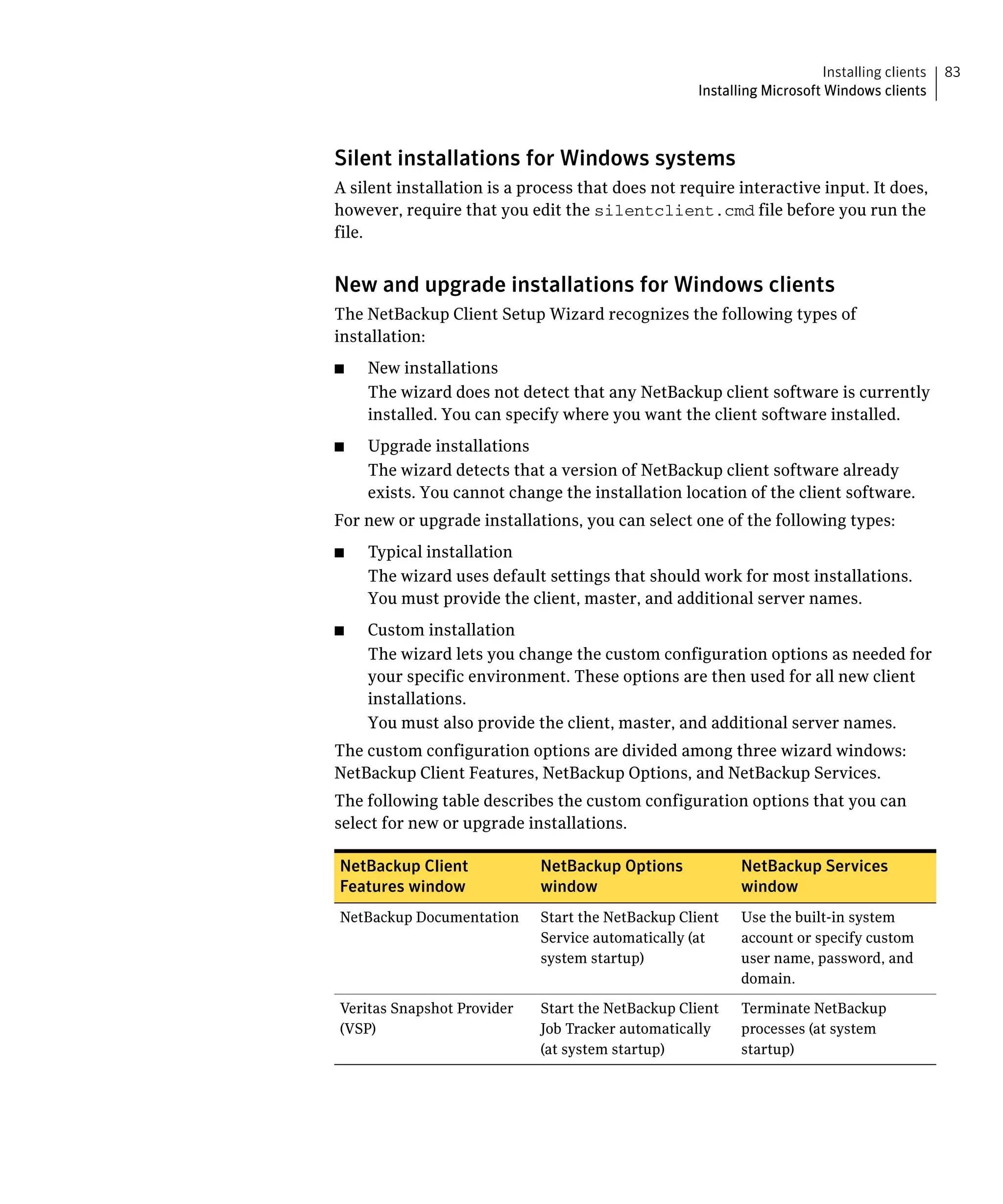 Installing clients   83
                                                   Installing Microsoft Windows clients



Silent installations for Windows systems
A silent installation is a process that does not require interactive input. It does,
however, require that you edit the silentclient.cmd file before you run the
file.


New and upgrade installations for Windows clients
The NetBackup Client Setup Wizard recognizes the following types of
installation:
■	   New installations
     The wizard does not detect that any NetBackup client software is currently
     installed. You can specify where you want the client software installed.
■	   Upgrade installations
     The wizard detects that a version of NetBackup client software already
     exists. You cannot change the installation location of the client software.
For new or upgrade installations, you can select one of the following types:
■	   Typical installation
     The wizard uses default settings that should work for most installations.
     You must provide the client, master, and additional server names.
■	   Custom installation
     The wizard lets you change the custom configuration options as needed for 

     your specific environment. These options are then used for all new client 

     installations.

     You must also provide the client, master, and additional server names.

The custom configuration options are divided among three wizard windows:
NetBackup Client Features, NetBackup Options, and NetBackup Services.
The following table describes the custom configuration options that you can
select for new or upgrade installations.

NetBackup Client             NetBackup Options            NetBackup Services
Features window              window                       window
NetBackup Documentation      Start the NetBackup Client   Use the built-in system
                             Service automatically (at    account or specify custom
                             system startup)              user name, password, and
                                                          domain.

Veritas Snapshot Provider    Start the NetBackup Client   Terminate NetBackup
(VSP)                        Job Tracker automatically    processes (at system
                             (at system startup)          startup)
 