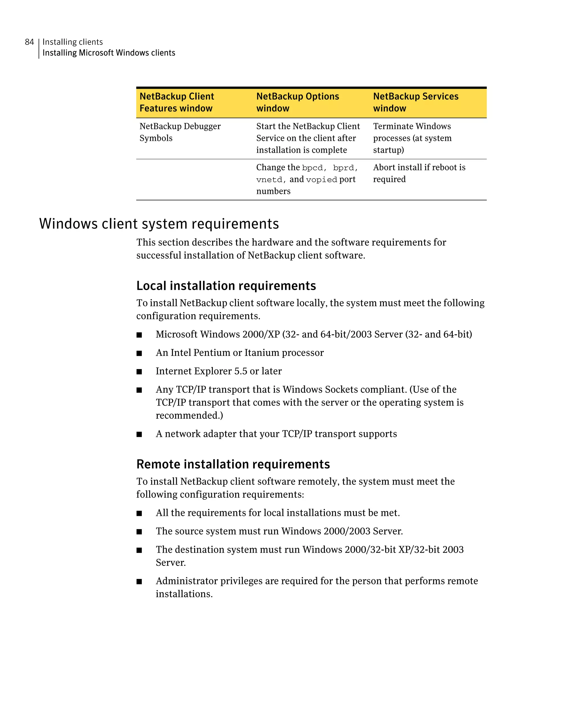 84 Installing clients
   Installing Microsoft Windows clients




                             NetBackup Client           NetBackup Options             NetBackup Services
                             Features window            window                        window
                             NetBackup Debugger         Start the NetBackup Client    Terminate Windows
                             Symbols                    Service on the client after   processes (at system
                                                        installation is complete      startup)

                                                        Change the bpcd, bprd,        Abort install if reboot is
                                                        vnetd, and vopied port        required
                                                        numbers



   Windows client system requirements
                            This section describes the hardware and the software requirements for
                            successful installation of NetBackup client software.


                            Local installation requirements
                            To install NetBackup client software locally, the system must meet the following
                            configuration requirements.
                            ■	   Microsoft Windows 2000/XP (32- and 64-bit/2003 Server (32- and 64-bit)
                            ■	   An Intel Pentium or Itanium processor
                            ■	   Internet Explorer 5.5 or later
                            ■	   Any TCP/IP transport that is Windows Sockets compliant. (Use of the
                                 TCP/IP transport that comes with the server or the operating system is
                                 recommended.)
                            ■	   A network adapter that your TCP/IP transport supports


                            Remote installation requirements
                            To install NetBackup client software remotely, the system must meet the
                            following configuration requirements:
                            ■	   All the requirements for local installations must be met.
                            ■	   The source system must run Windows 2000/2003 Server.
                            ■	   The destination system must run Windows 2000/32-bit XP/32-bit 2003
                                 Server.
                            ■	   Administrator privileges are required for the person that performs remote
                                 installations.
 