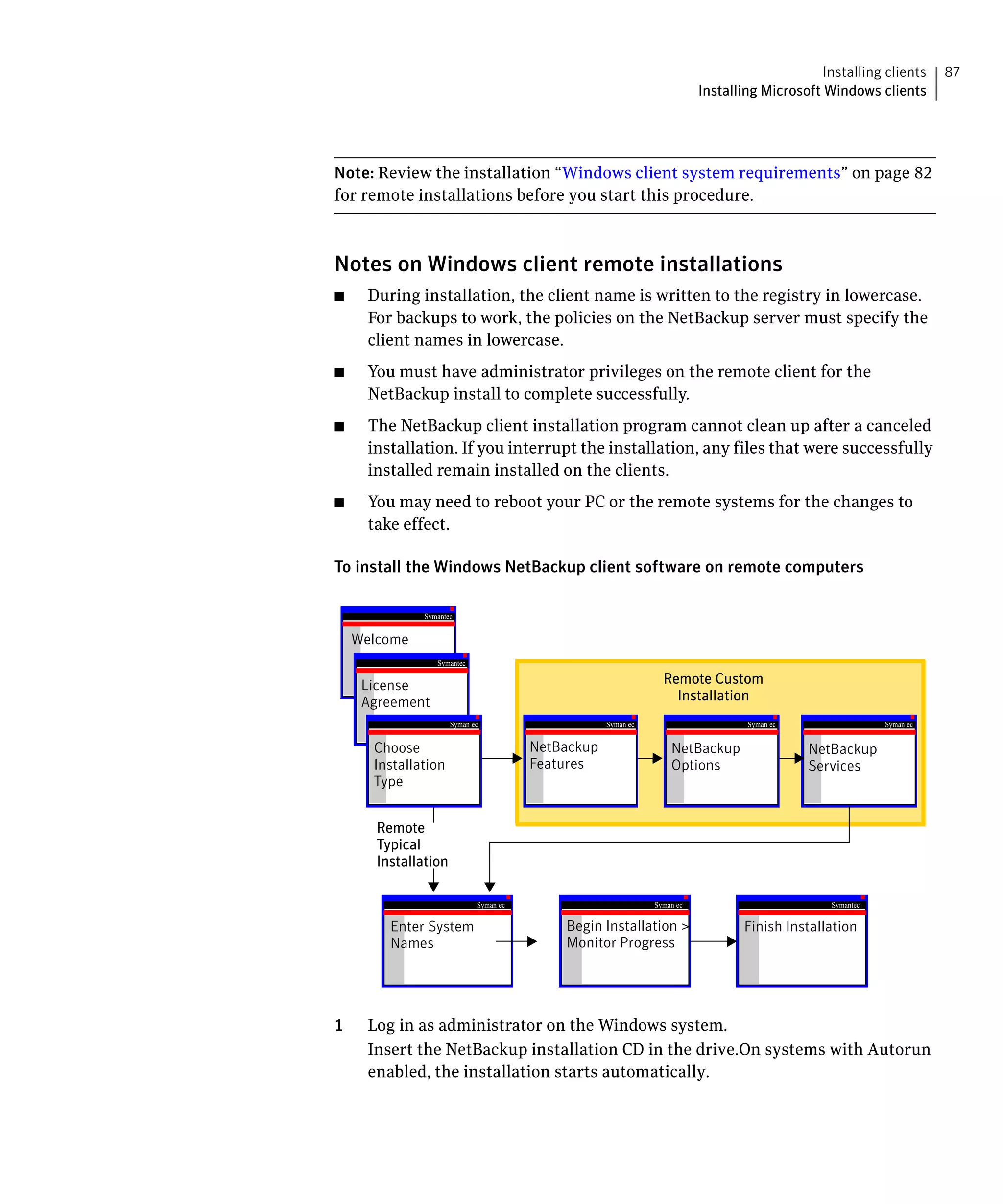 Installing clients     87
                                                                           Installing Microsoft Windows clients




Note: Review the installation “Windows client system requirements” on page 82
for remote installations before you start this procedure.



Notes on Windows client remote installations
■	     During installation, the client name is written to the registry in lowercase.
       For backups to work, the policies on the NetBackup server must specify the
       client names in lowercase.
■	     You must have administrator privileges on the remote client for the
       NetBackup install to complete successfully.
■	     The NetBackup client installation program cannot clean up after a canceled
       installation. If you interrupt the installation, any files that were successfully
       installed remain installed on the clients.
■	     You may need to reboot your PC or the remote systems for the changes to
       take effect.

To install the Windows NetBackup client software on remote computers

                Symantec


     Welcome
                   Symantec


      License                                                     Remote Custom
      Agreement                                                     Installation
                       Symantec                      Symantec                      Symantec                 Symantec


       Choose                            NetBackup                  NetBackup                 NetBackup
       Installation                      Features                   Options                   Services
       Type


        Remote
        Typical
        Installation

                              Symantec                          Symantec                         Symantec

          Enter System                       Begin Installation >                 Finish Installation
          Names                              Monitor Progress




1      Log in as administrator on the Windows system.

       Insert the NetBackup installation CD in the drive.On systems with Autorun 

       enabled, the installation starts automatically.

 