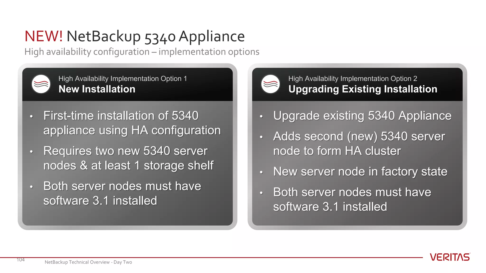 NEW! NetBackup 5340 Appliance
High availability configuration – implementation options
104
• First-time installation of 5340
appliance using HA configuration
• Requires two new 5340 server
nodes & at least 1 storage shelf
• Both server nodes must have
software 3.1 installed
High Availability Implementation Option 1
New Installation
• Upgrade existing 5340 Appliance
• Adds second (new) 5340 server
node to form HA cluster
• New server node in factory state
• Both server nodes must have
software 3.1 installed
High Availability Implementation Option 2
Upgrading Existing Installation
NetBackup Technical Overview - Day Two
 