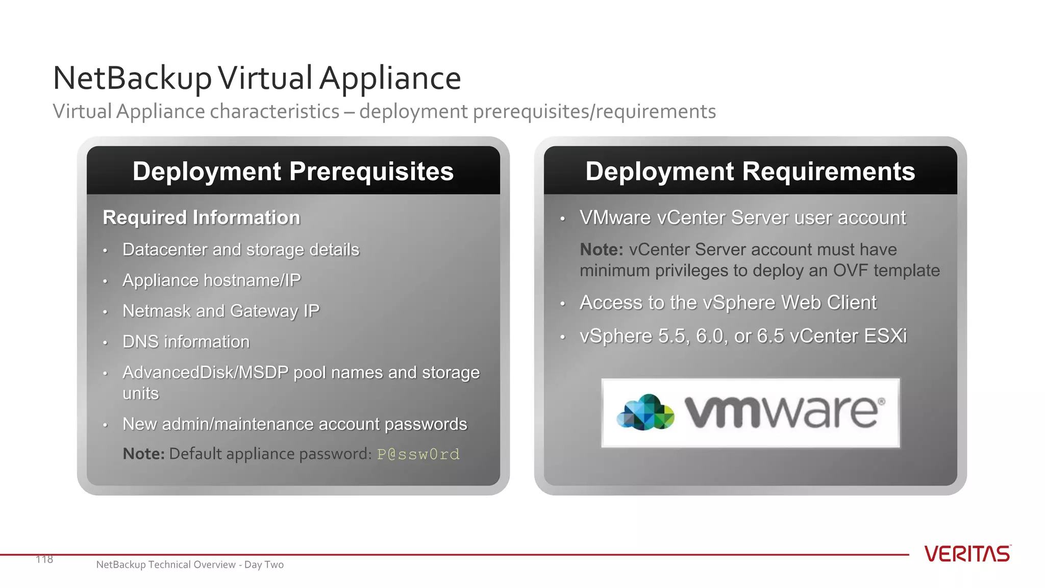 NetBackupVirtualAppliance
Virtual Appliance characteristics – deployment prerequisites/requirements
118
Required Information
• Datacenter and storage details
• Appliance hostname/IP
• Netmask and Gateway IP
• DNS information
• AdvancedDisk/MSDP pool names and storage
units
• New admin/maintenance account passwords
Note: Default appliance password: P@ssw0rd
Deployment Prerequisites
• VMware vCenter Server user account
Note: vCenter Server account must have
minimum privileges to deploy an OVF template
• Access to the vSphere Web Client
• vSphere 5.5, 6.0, or 6.5 vCenter ESXi
Deployment Requirements
NetBackup Technical Overview - Day Two
 