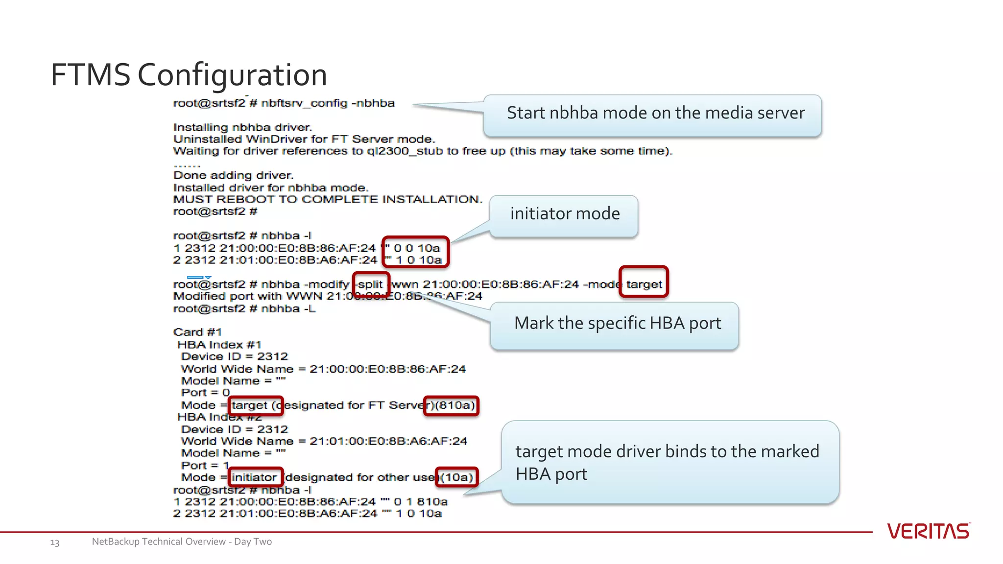 NetBackup Technical Overview - Day Two13
FTMS Configuration
Start nbhba mode on the media server
Mark the specific HBA port
initiator mode
target mode driver binds to the marked
HBA port
 