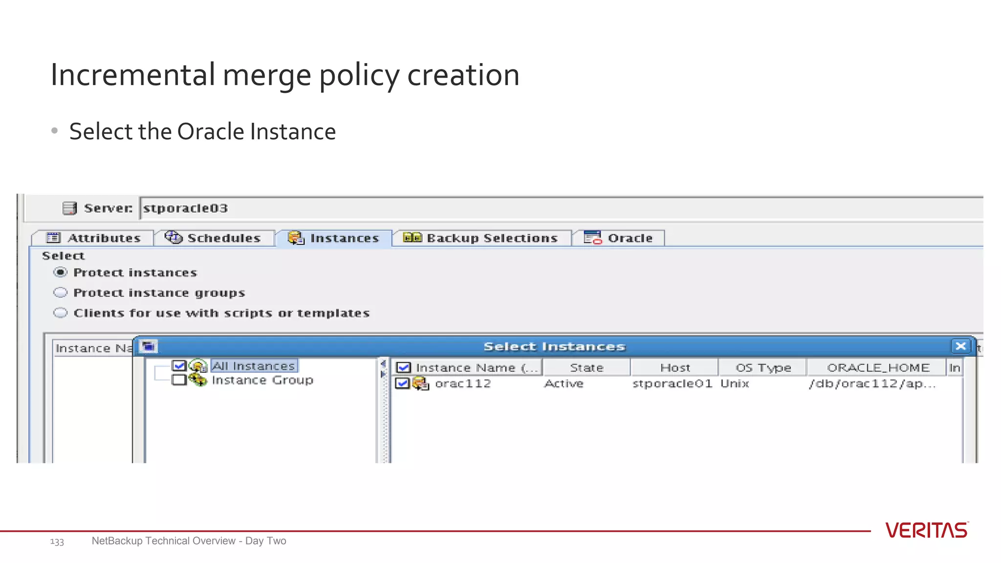 Incremental merge policy creation
• Select the Oracle Instance
NetBackup Technical Overview - Day Two133
 