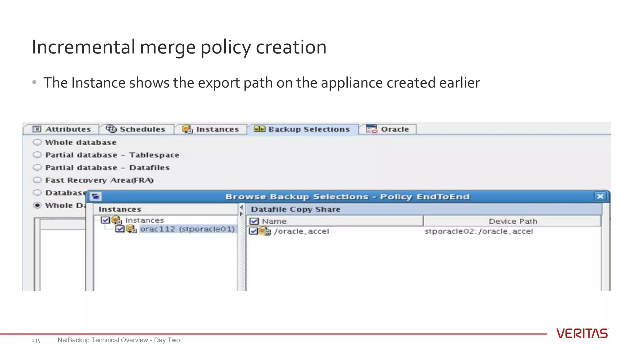 Incremental merge policy creation
• The Instance shows the export path on the appliance created earlier
NetBackup Technical Overview - Day Two135
 