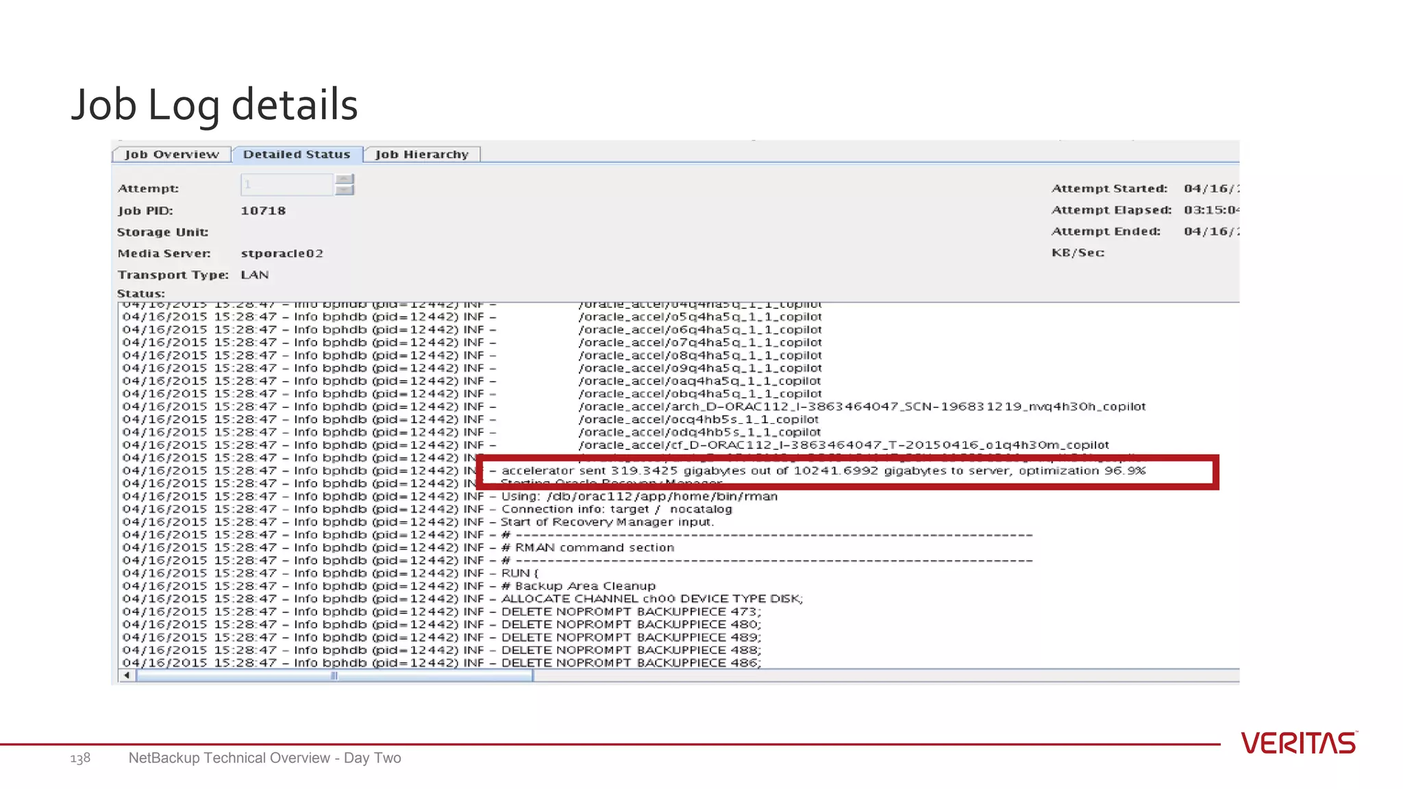 Job Log details
NetBackup Technical Overview - Day Two138
 