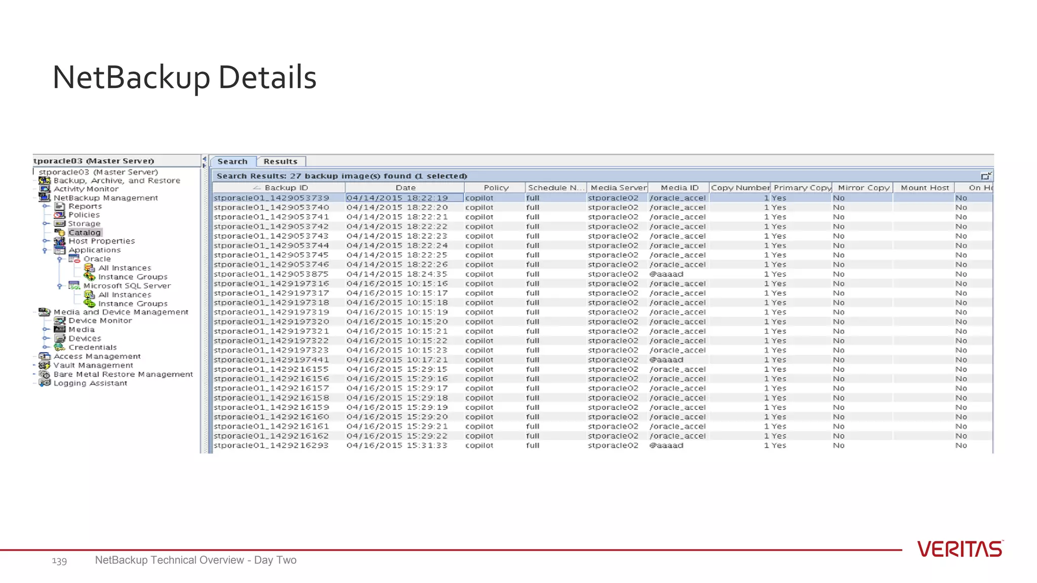 NetBackup Details
NetBackup Technical Overview - Day Two139
 