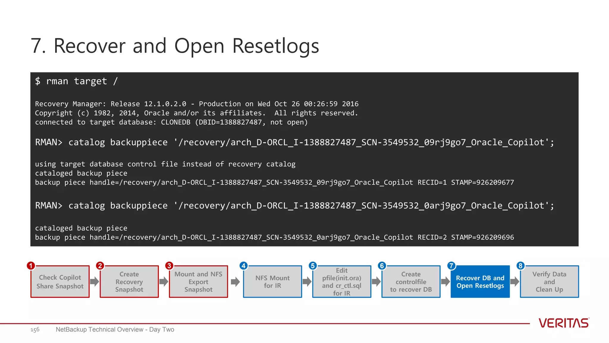 7. Recover and Open Resetlogs
NetBackup Technical Overview - Day Two156
$ rman target /
Recovery Manager: Release 12.1.0.2.0 - Production on Wed Oct 26 00:26:59 2016
Copyright (c) 1982, 2014, Oracle and/or its affiliates. All rights reserved.
connected to target database: CLONEDB (DBID=1388827487, not open)
RMAN> catalog backuppiece '/recovery/arch_D-ORCL_I-1388827487_SCN-3549532_09rj9go7_Oracle_Copilot';
using target database control file instead of recovery catalog
cataloged backup piece
backup piece handle=/recovery/arch_D-ORCL_I-1388827487_SCN-3549532_09rj9go7_Oracle_Copilot RECID=1 STAMP=926209677
RMAN> catalog backuppiece '/recovery/arch_D-ORCL_I-1388827487_SCN-3549532_0arj9go7_Oracle_Copilot';
cataloged backup piece
backup piece handle=/recovery/arch_D-ORCL_I-1388827487_SCN-3549532_0arj9go7_Oracle_Copilot RECID=2 STAMP=926209696
Create
Recovery
Snapshot
Mount and NFS
Export
Snapshot
Check Copilot
Share Snapshot
1 2 3
Edit
pfile(init.ora)
and cr_ctl.sql
for IR
NFS Mount
for IR
Create
controlfile
to recover DB
Recover DB and
Open Resetlogs
Verify Data
and
Clean Up
4 5 6 7 8
 