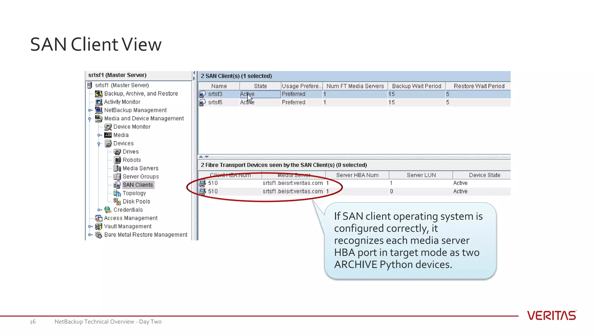 NetBackup Technical Overview - Day Two16
SAN ClientView
If SAN client operating system is
configured correctly, it
recognizes each media server
HBA port in target mode as two
ARCHIVE Python devices.
 