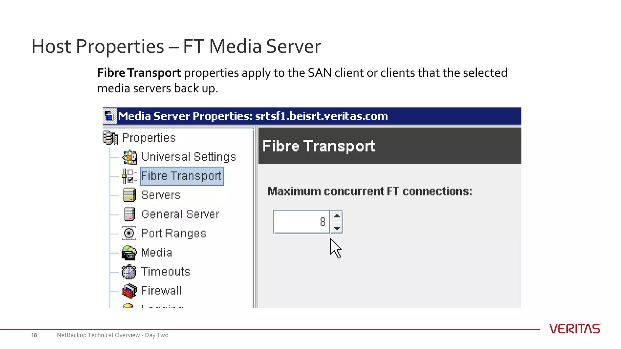 Host Properties – FT Media Server
18
FibreTransport properties apply to the SAN client or clients that the selected
media servers back up.
NetBackup Technical Overview - Day Two
 