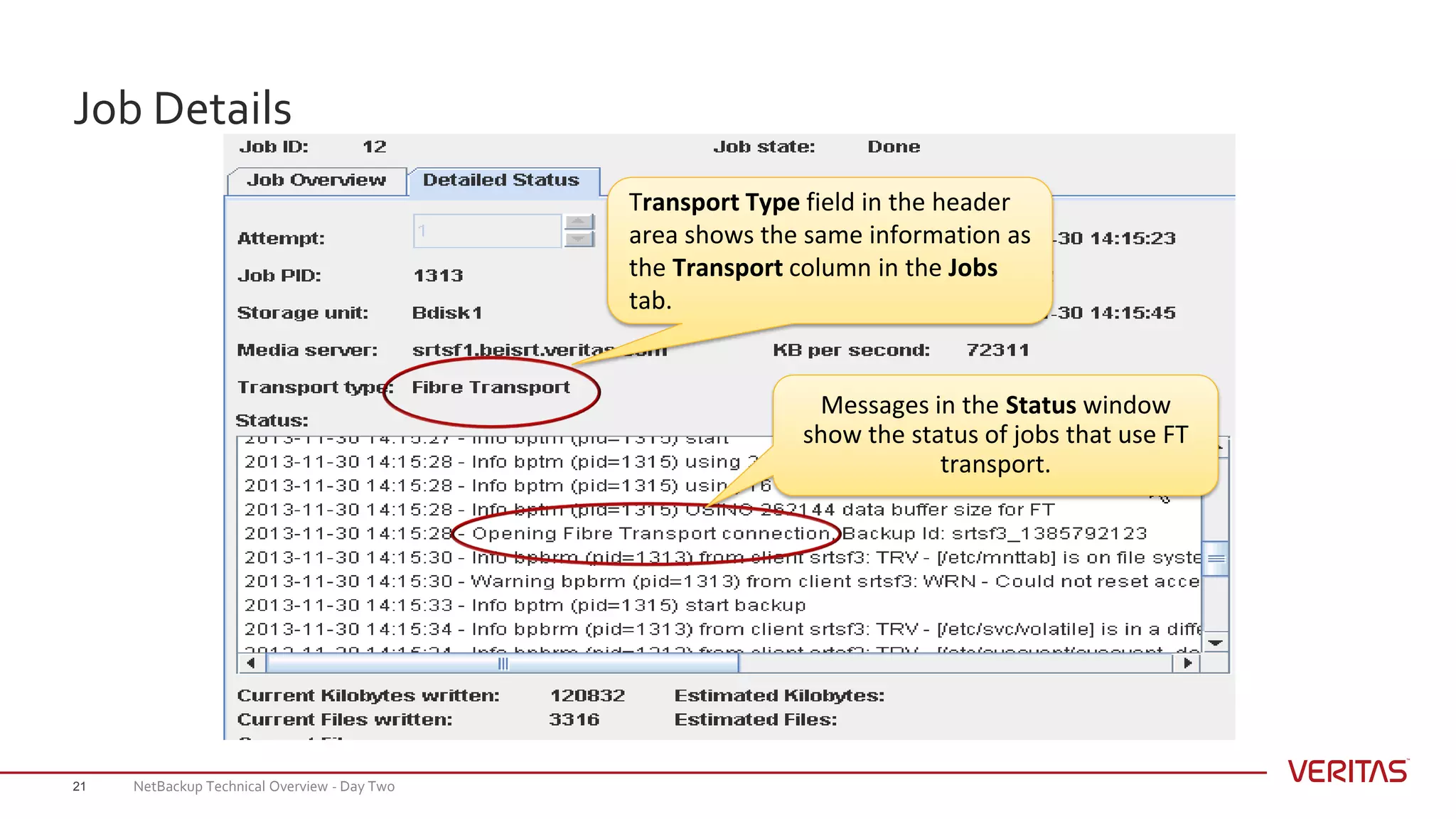 Job Details
21
Messages in the Status window
show the status of jobs that use FT
transport.
Transport Type field in the header
area shows the same information as
the Transport column in the Jobs
tab.
NetBackup Technical Overview - Day Two
 