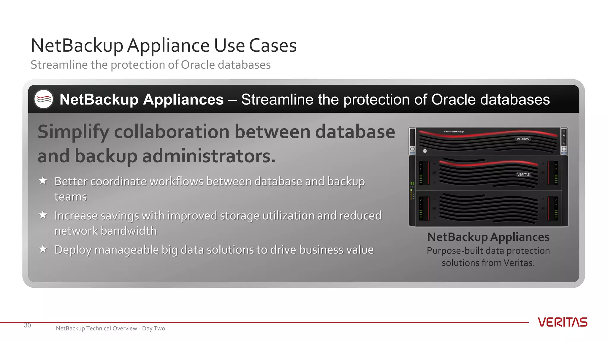 NetBackupAppliance Use Cases
Streamline the protection of Oracle databases
30
Simplify collaboration between database
and backup administrators.
 Better coordinate workflows between database and backup
teams
 Increase savings with improved storage utilization and reduced
network bandwidth
 Deploy manageable big data solutions to drive business value
NetBackup Appliances – Streamline the protection of Oracle databases
NetBackupAppliances
Purpose-built data protection
solutions fromVeritas.
NetBackup Technical Overview - Day Two
 