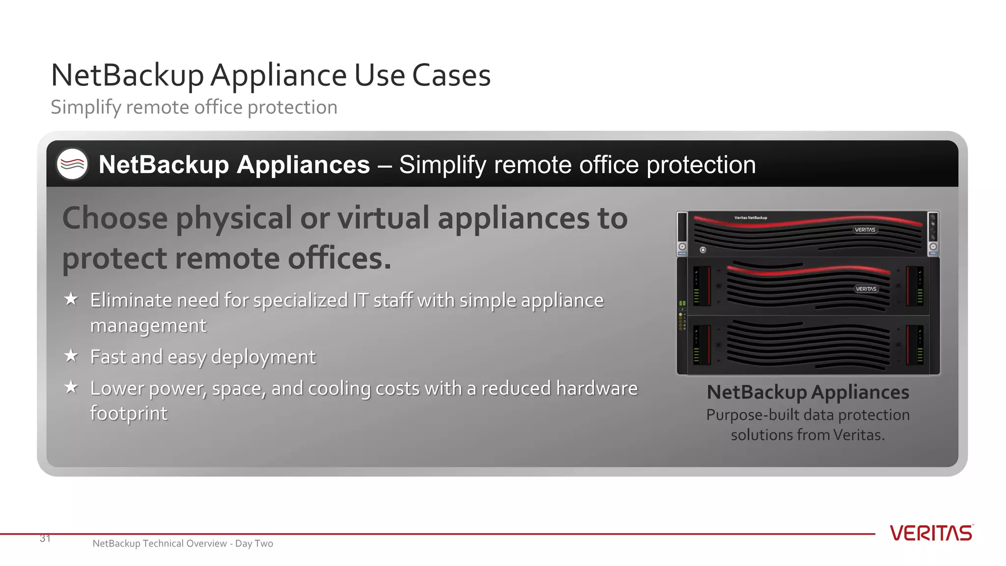 NetBackupAppliance Use Cases
Simplify remote office protection
31
Choose physical or virtual appliances to
protect remote offices.
 Eliminate need for specialized IT staff with simple appliance
management
 Fast and easy deployment
 Lower power, space, and cooling costs with a reduced hardware
footprint
NetBackup Appliances – Simplify remote office protection
NetBackupAppliances
Purpose-built data protection
solutions fromVeritas.
NetBackup Technical Overview - Day Two
 