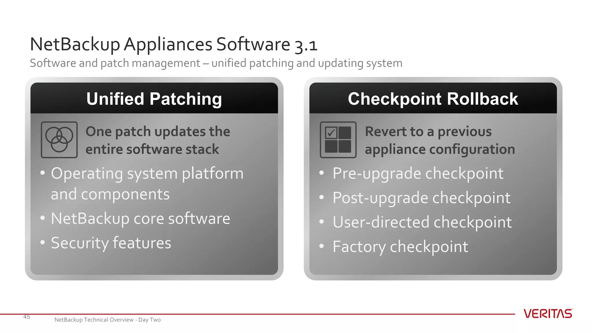 NetBackupAppliances Software 3.1
Software and patch management – unified patching and updating system
45
• Pre-upgrade checkpoint
• Post-upgrade checkpoint
• User-directed checkpoint
• Factory checkpoint
Checkpoint Rollback
• Operating system platform
and components
• NetBackup core software
• Security features
Unified Patching
 Revert to a previous
appliance configuration
One patch updates the
entire software stack
NetBackup Technical Overview - Day Two
 