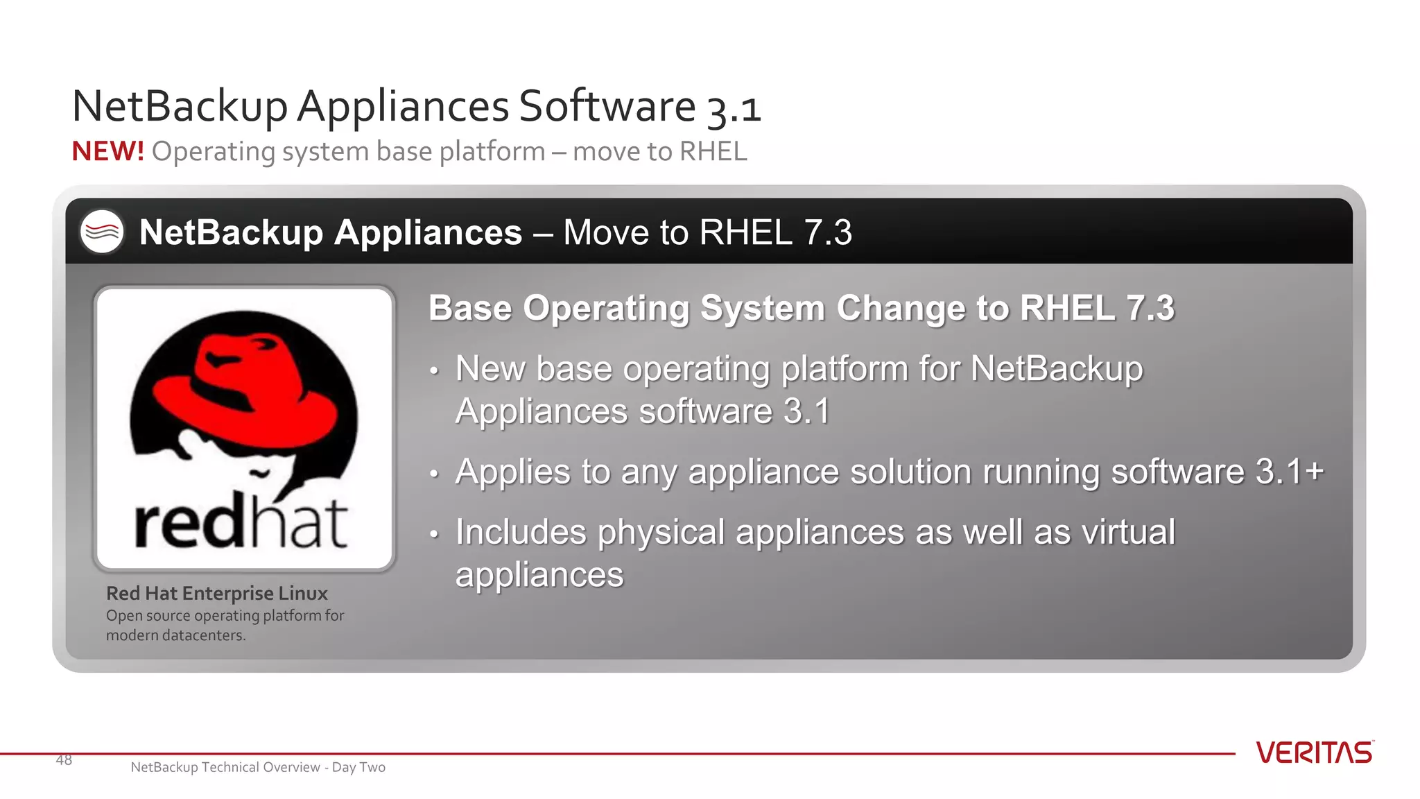 NetBackupAppliances Software 3.1
NEW! Operating system base platform – move to RHEL
48
NetBackup Appliances – Move to RHEL 7.3
Base Operating System Change to RHEL 7.3
• New base operating platform for NetBackup
Appliances software 3.1
• Applies to any appliance solution running software 3.1+
• Includes physical appliances as well as virtual
appliancesRed Hat Enterprise Linux
Open source operating platform for
modern datacenters.
NetBackup Technical Overview - Day Two
 