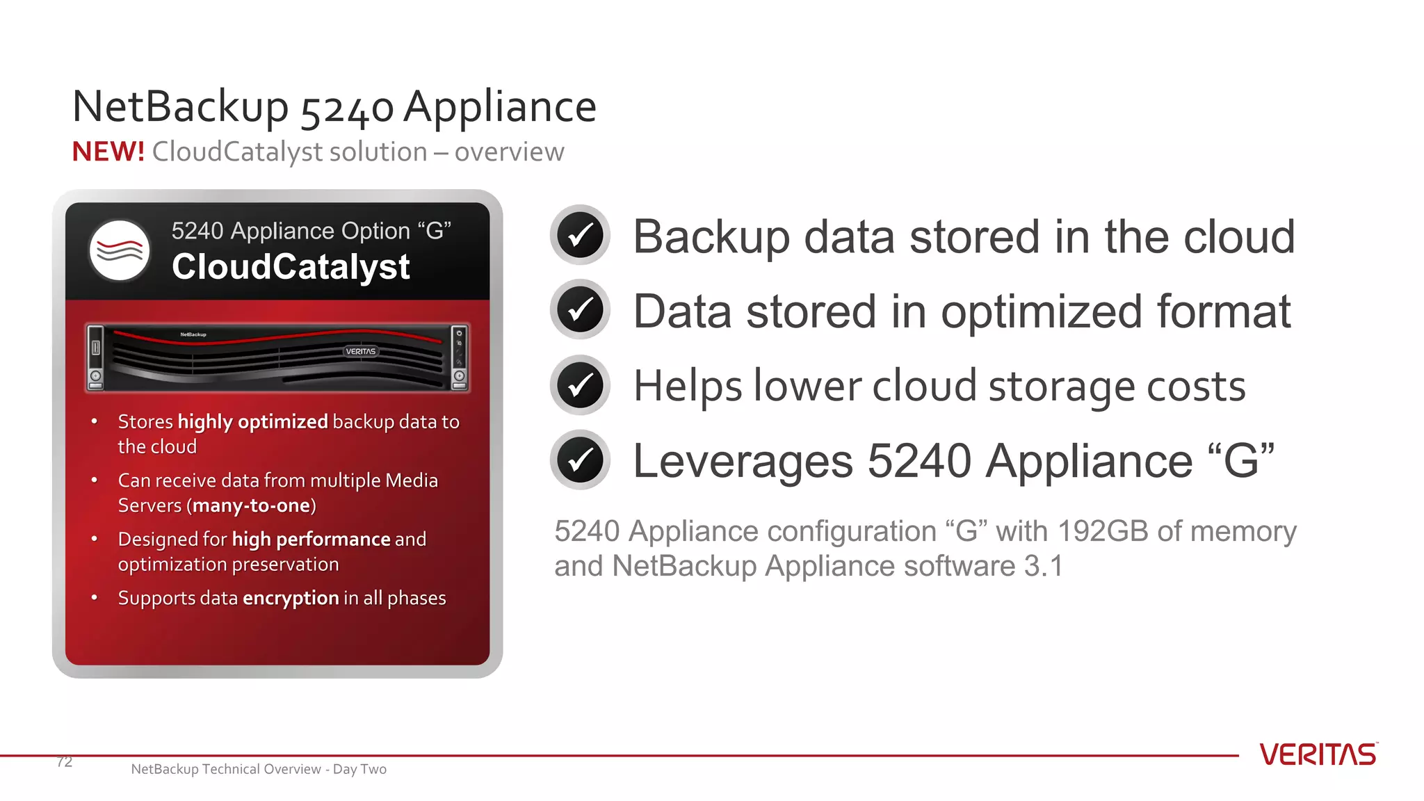 NetBackup 5240 Appliance
NEW! CloudCatalyst solution – overview
72
Backup data stored in the cloud
Data stored in optimized format
Helps lower cloud storage costs
Leverages 5240 Appliance “G”
5240 Appliance Option “G”
CloudCatalyst



• Stores highly optimized backup data to
the cloud
• Can receive data from multiple Media
Servers (many-to-one)
• Designed for high performance and
optimization preservation
• Supports data encryption in all phases
5240 Appliance configuration “G” with 192GB of memory
and NetBackup Appliance software 3.1

NetBackup Technical Overview - Day Two
 