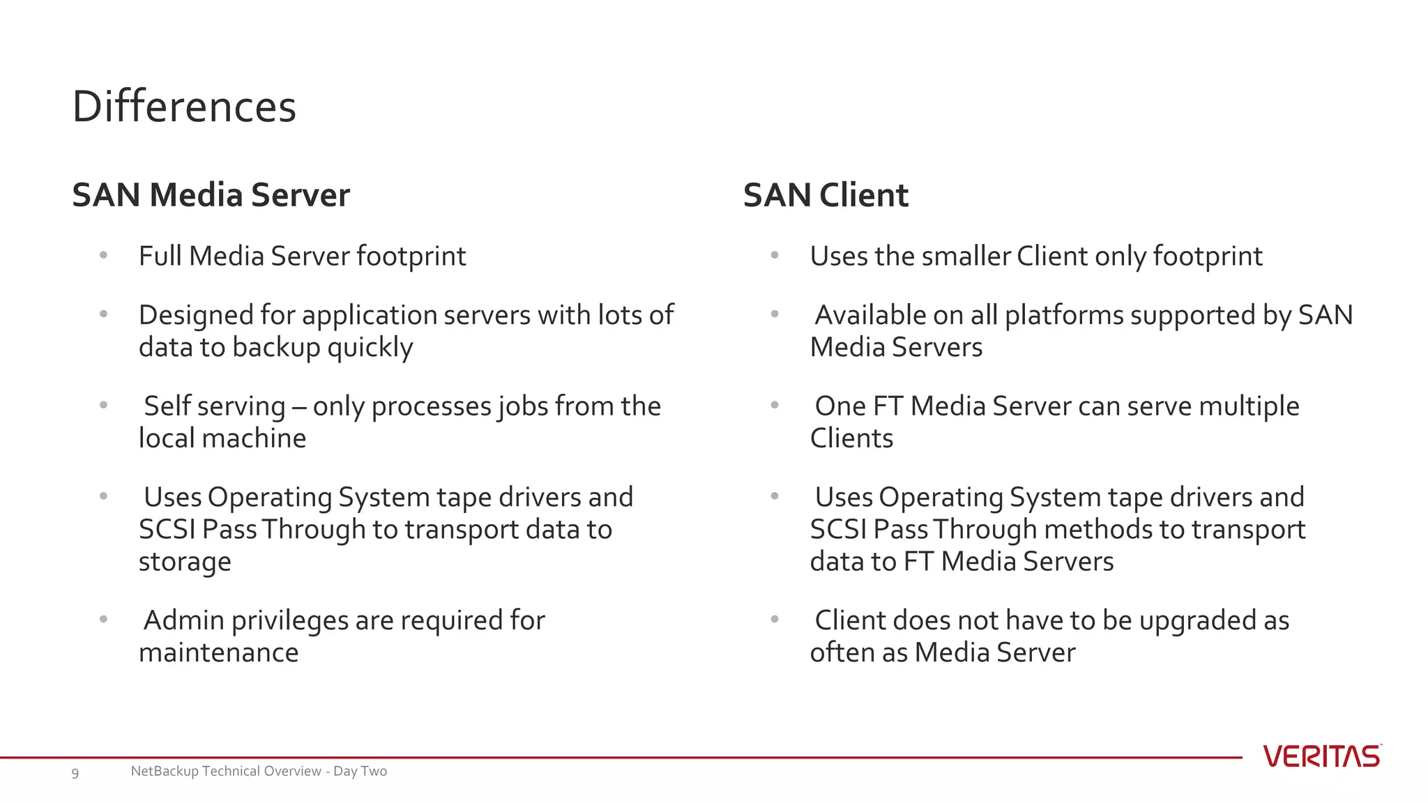 Differences
SAN Media Server
• Full Media Server footprint
• Designed for application servers with lots of
data to backup quickly
• Self serving – only processes jobs from the
local machine
• Uses Operating System tape drivers and
SCSI PassThrough to transport data to
storage
• Admin privileges are required for
maintenance
SAN Client
• Uses the smaller Client only footprint
• Available on all platforms supported by SAN
Media Servers
• One FT Media Server can serve multiple
Clients
• Uses Operating System tape drivers and
SCSI PassThrough methods to transport
data to FT Media Servers
• Client does not have to be upgraded as
often as Media Server
NetBackup Technical Overview - Day Two9
 
